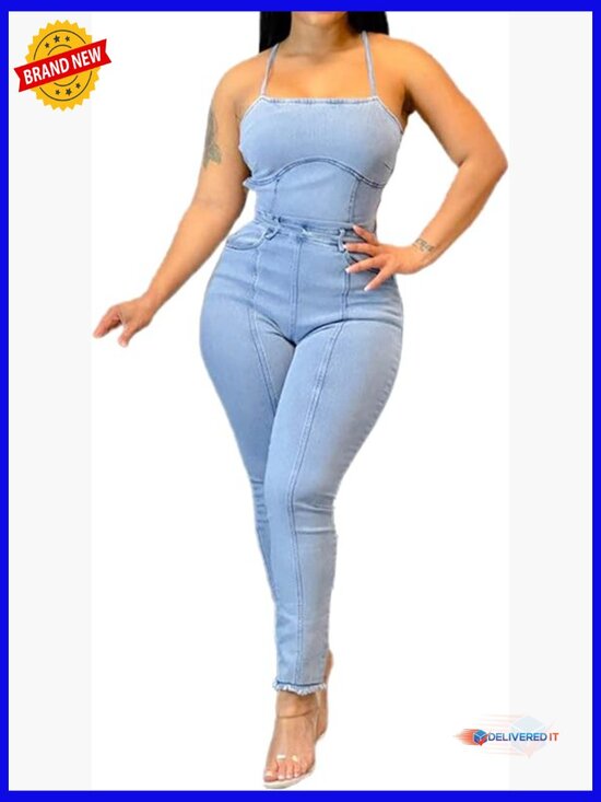 Pants - Stretchy Denim Jumpsuit Romper with Pocket Sleeveless High Waist Bodycon